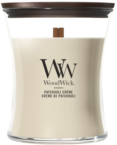 WoodWick Vela Perfumada con Mecha Crepitante | Vela Mediana en Forma de Reloj de Arena Patchouli Crème | Velas de Larga Duración: Hasta 60 Horas | Regalos Perfectos para Mujeres