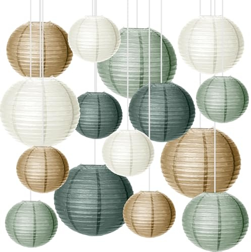GOEDCH Lanterna di carta: 15 pezzi decorazioni per feste di nozze, verde oro bianco lanterne di carta sospese, decorazioni per feste in giardino, addio al nubilato, baby shower, compleanno, accessori