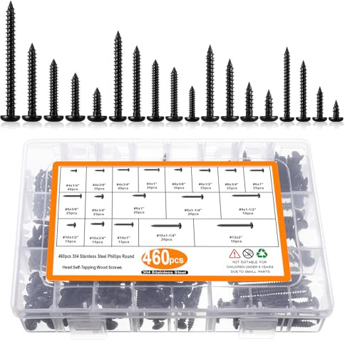 COMNICO 460 Pcs Black Wood Screws Set, 1/4 to 2 inch Screws Assortment Kit Phillips Drive Flat Head Self Tapping Screw Metal Wood Screw Set