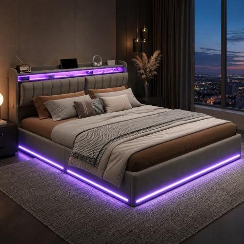 BLSYHDH Bettkasten 160 x 200 mit LED, gepolstertes Bett mit gepolsterter hydraulischer LED-Truhe, Doppelbett mit Stauraum, gepolstertes Bett für Erwachsene mit Truhe (grau+Samt, 160 x 200)