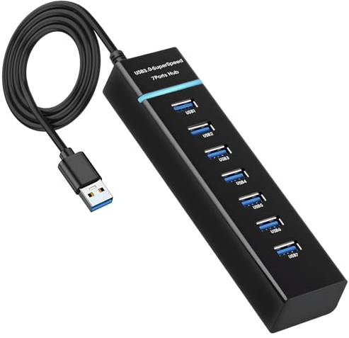 7-Port USB Hub 3.0 mit 120cm Kabel, USB A HUB Multiport Adapter mit 5V 3A Type-A Multiport Adapter Splitter EIN USB 3.0 und sechs USB 2.0-Hubs für PC Laptop MacBook U-Disk Maus weitere USB Geräte