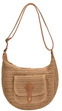 Bolso de hombro tejido para mujer, bolso de paja para uso diario, a juego, para compras, citas, vacaciones, mujer, cruzado, paja, playa, moda, hombro, hecho a mano, marrón claro, One Size