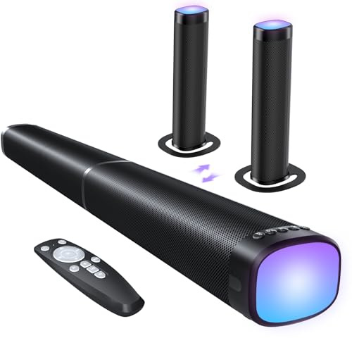 FHNFHN Sound Bar for Smart TV, 100W Sound Bar with 3 Dynamic RGB Lights,Bluetooth 5.3, ARC/Opt/AUX Connect, Dynamic Volume 3 Equalizer Modes,2 in 1 Detachable Soundbar for TV/PC/Gaming/Projectors