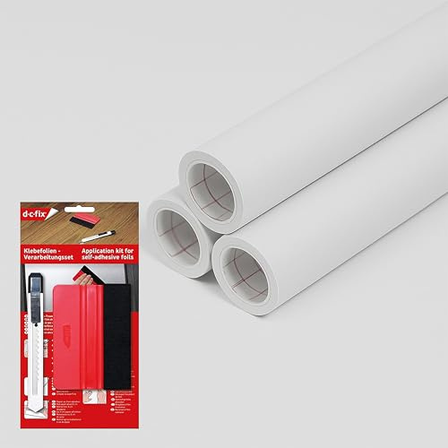 d-c-fix Möbel-Klebefolie Bundle 3X seidenmatt Weiß 67,5 cm x 2 m + Rakelset - Möbelfolie Selbstklebende Küchenfolie Schrankfolie Deko-Folie Tischfolie Fensterbank Küchenfronten wasserfest