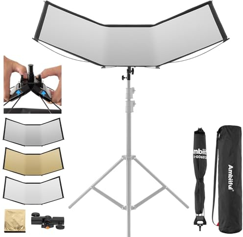 AMBITFUL Reflector Photography, Flash Light Reflectors, 𝐐𝐮𝐢𝐜𝐤 𝐑𝐞𝐥𝐞𝐚𝐬𝐞 U-Shape Reflector with 48in x 25.5in Photography Diffuser for Studio Portrait&Video Shooting, 3-in-1 White/Silver/Gold