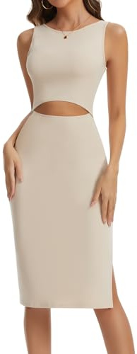SHAPERIN Vestito Midi Donna Elegante Senza Maniche Sexy Cutout Abito Bodycon Abiti con Spacco Tubino Aderente Cocktail Festa Discoteca, Albicocca, S