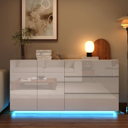 Yeutre Buffet Cuisine avec éclairage LED, Meuble TV 160 cm Longueur Armoire de Rangement avec 2 Portes 3 Tiroirs, Buffet Salon Meuble Salle à Manger (Blanc-2 Portes 3 Tiroirs, 160 x 35 x 76 cm)