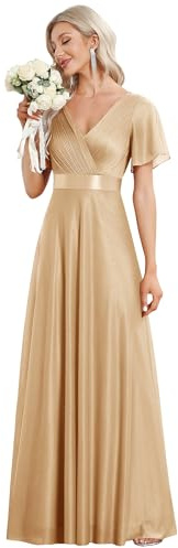 Ever-Pretty Damen Funkelnde Rüschen Ärmel Tiefer V-Ausschnitt Empire Taille A-Linie Brautjungfernkleid EE50159