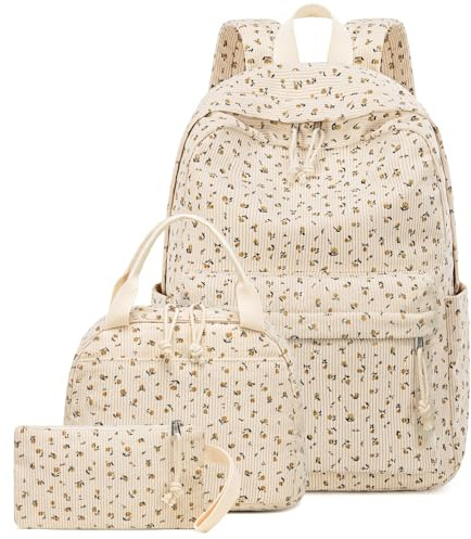 Skolryggsäck flickor tonåringar kvinnor skolväska ryggsäck set skolväskor för flickor skola 3-delad ledig ryggsäck med lunchväska väska och pennfodral, Beige liten blomma, ryggsäck barn
