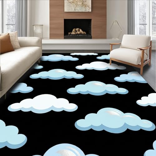 Design&I Low Pile Flatwoven Area Rug 6x9, Whimsical Cloud Motif Door Jumper with Bouncing Activity Center, Machine Washable, Stain Resistant Indoor Rug for Living Room, Bedroom, Non Slip(Black, 6x9)