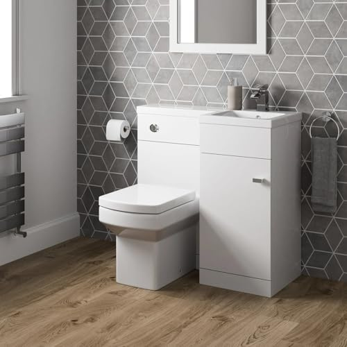 BAYSTONE 900mm Bathroom Vanity Unit Toilet WC Combination Basin Sink Storage Cabinet Freestanding Soft Close Door, Modern, Right Hand, White Gloss