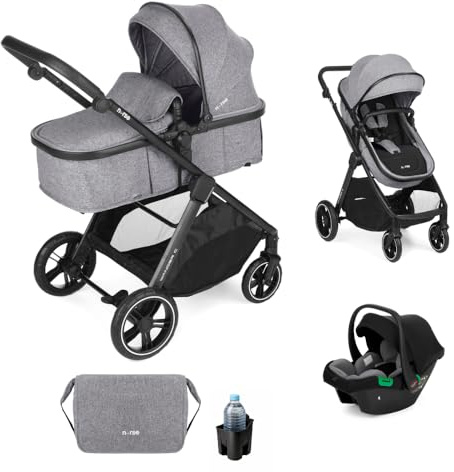 Nurse Wander C Trio Carrito de Bebé 3 en 1, Capazo Convertible en Hamaca y Silla de Coche i-Size, Plegado Compacto, con Accesorios, Gris