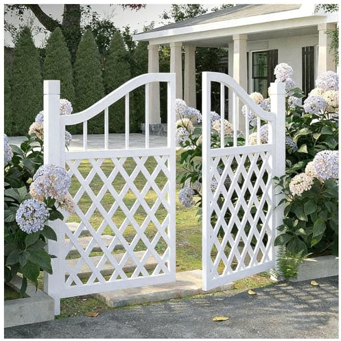 Outdoor Wood Fence Gate, Vegetable Garden Wooden Gate Curved Top Design Outdoor Patio Fence Guardrail with Iron Feet Suitable for Concrete(White,162x120 cm)