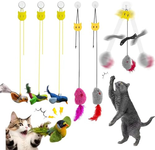 Rliocvhe 5 Pièces Porte Suspendue Souris et Oiseaux Jouet Chat,Jouet Interactif pour Chat,Jeux pour Chat Interieur à Queue en Plumes, Souris Suspendue avec Corde Élastique et Bruit，Jouet Chat pour Cou