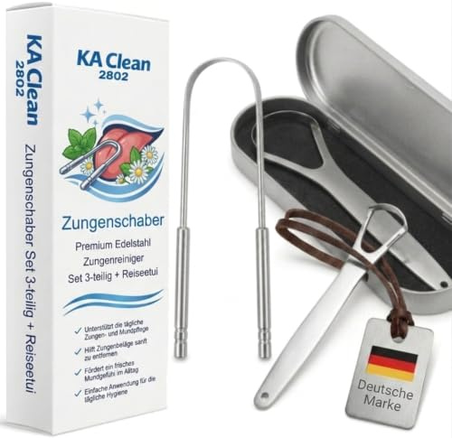 Zungenschaber Edelstahl 3er Set + Reiseetui - 3 Formen Zungenreiniger - optimale Erreichbarkeit - Frischer Atem & saubere Zunge - Für die tägliche Mundhygiene - löst Beläge und Speisereste | 420 Edelstahl - Optimale Erreichbarkeit - Löst weiße Zungenbeläge - Für tägliche Mundhygiene, frischen Atem und saubere Zunge