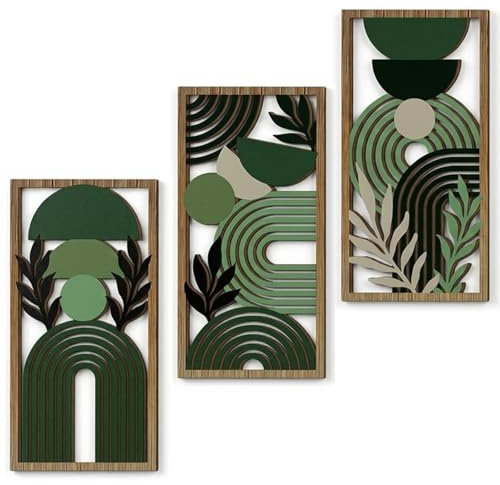Xiciki 3PCS Green Boho Wall Art, Wooden Boho Wall Art Set Geometric Botanical Wall Hanging, Lightweight Hollow Wooden Wall Decor for Living Room Bedroom Hallway Modern Farmhouse Home Decor
