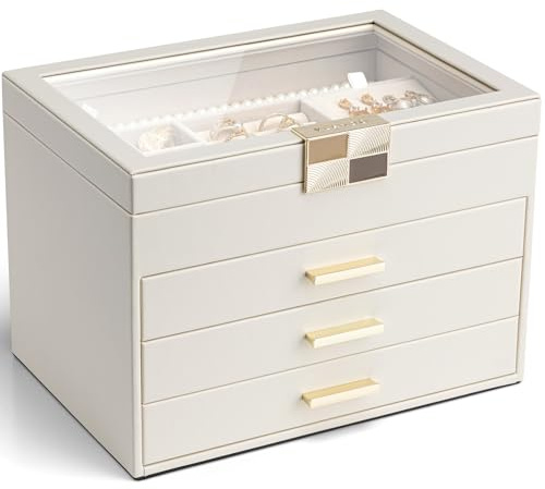 VLANDO Schmuckkästchen Groß, Schmuckaufbewahrung mit 4 Ebenen, PU leader | Schmuckbox für Halsketten,Ohrringe,Uhren,Armbänder，Wohndekoration,Transparente Abdeckung, Geschenk für Damen, Beige