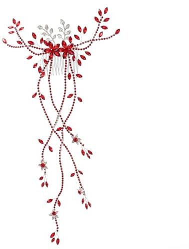 Bridal Headpieces for Wedding, Rhinestone Hair Comb with Leaf & Tassel Handmade Alloy Vine Wedding Hair Accessories for Party Prom, Red