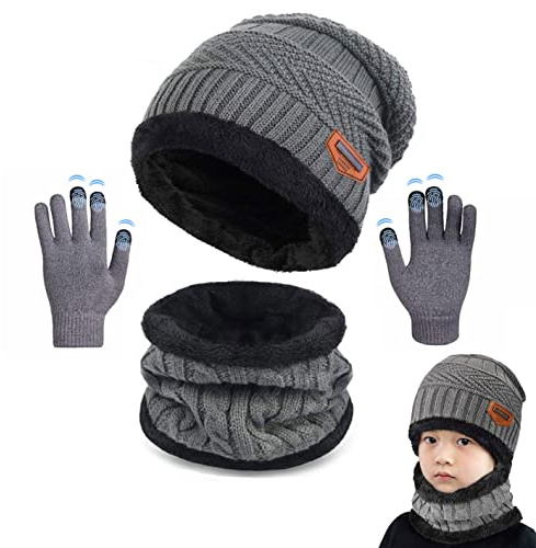 CheChury Niños Sombreros de Caliente Punto Tubular Bufanda Forro de Lana Conjunto de Bufanda Gorro Niñas Guantes Cuello Redondo Bebé Regalos de Invierno,3-14 Años