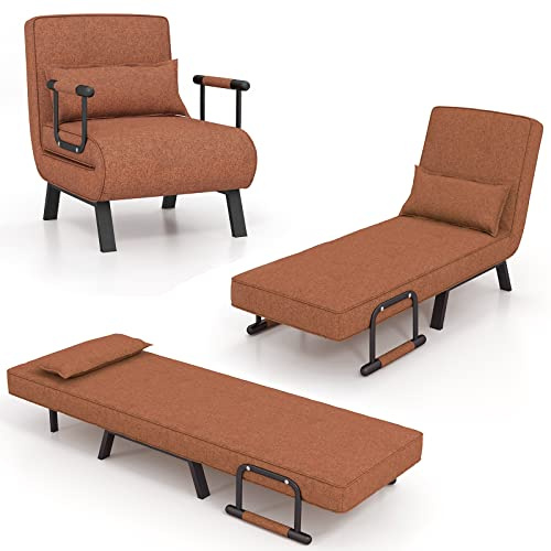 RELAX4LIFE 4 in 1 Poltrona Letto singolo, Poltroncina Pieghevole con Schienale Regolabile in 6 Posizioni, Poltrona Reclinabile con Cuscino e Braccioli per Camera da Letto e Salotto (Marrone)