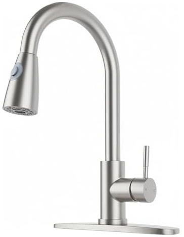 Friho Kitchen Faucet with Pull Down Sprayer Brushed Nickel, High Arc Single Handle Stainless Steel Kitchen Sink Faucets, 1 or 3 Hole Sink Faucet for Farmhouse Rv Bar Laundry Camper, FR2CBQYT001L-D