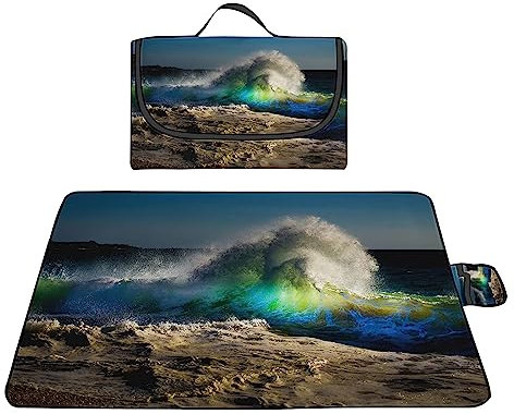 TengYuer Picknickdecke 180x200cm Stranddecke Wasserdicht Sandfrei Isoliert Faltbar Strandmatte mit Tragegriff Outdoor Campingdecke XXL für Camping Parks Strände Picknick BlaugrüNe Wellen