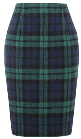 Womens Wool Plaid Pencil Skirt Fall Winter High Waisted Slit Bodycon Knee Length Midi Skirt (Green, S)