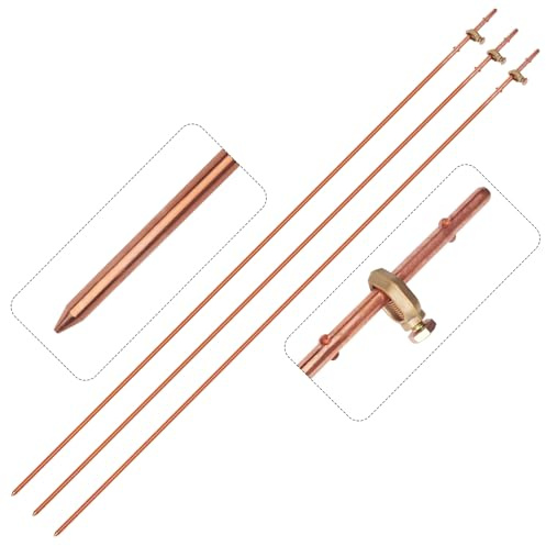 CYANTEKOMS 3 Pack Grounding Rod with Clamp 4 Feet Long Copper Electrical Ground Rod for Electric Fences Satellite Dishes Generator Grounding Earthing ((Set of 3) 3/8’’ x 4 Feet Ground Rod Kit)