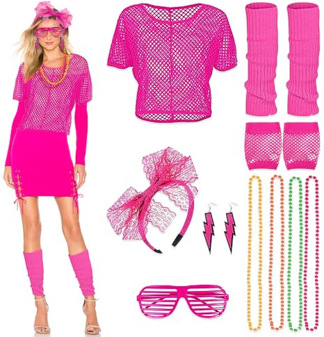 mizikuu Deguisement Annees 80s, Accessoires de costume Femme Fluo Retro Accessoires avec T-Shirt Gants en Résille Bracelets Bandeau, Collier et Boucles d'oreilles pour Dames et Filles