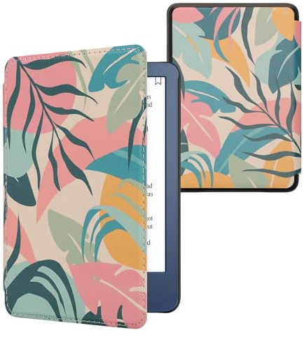 kwmobile Schutzhülle für Amazon Kindle (2022/2024) Hülle - eReader Flip Case mit Auto Sleep Funktion - Tropischer Dschungel mit Rosa Gelb Grün