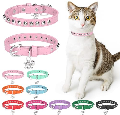 DILLYBUD Lederhalsband für Katzen mit Glocke und elastischem Sicherheitsgurt, personalisierte Nieten, verstellbare Sicherheitsschnalle mit Totenkopf-Anhänger für kleine Katzen