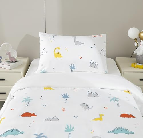 BOD HOME Juego de Sábanas Infantiles 3 Piezas, Sábana Bajera 100x200x25cm, Sábana Encimera 160x260cm, Funda Almohada 45x75cm, 100% Poliester, Diseños Divertidos, Blanca Dinosaurios, Fundas Ajustables