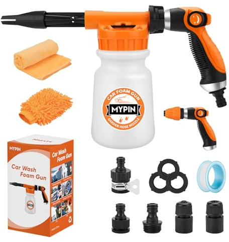 MYPIN 16 in 1 Auto Schaumsprüher Einstellbare Schlauchkanone mit 2,5 bis 6 Stangen Blaster, Düsen, Waschhandschuh & Handtuch, 1/2 Zoll Schnellverbinder Reinigungsset für Auto Garten