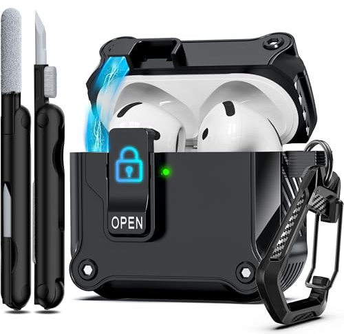 R-fun Compatible con Funda AirPods 4, Compatible con AirPods 4 Gen (2024) (USB-C), Tapa abatible automática de protección Completa y Bloqueo con Kit de Limpieza y Llavero,Negro