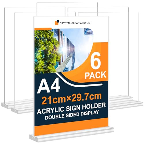Arrobust Tischaufsteller A4, 6 Stück Preisschilder Aufsteller Tischständer Doppelseitiger Vertikaler Acryl T-Ständer für Fotorahmen, Heim, Büro, Speisekarte, Einzelhandel, Messe (A4-6pack)