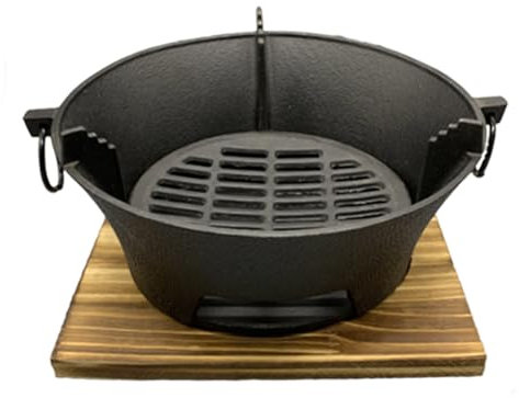 Braciere in ghisa con vassoio in legno e doppio estrattore per orecchie, per barbecue, utensili da cucina all'aperto e stufa da patio, diametro 28 cm, stampaggio in un unico pezzo