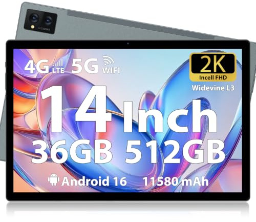 LEVIRTU Tablet 14 Zoll Android 15, 36GB RAM, 512GB ROM(2TB TF), Octa-Core 2,0GHz, 11580mAh Akku, 1920×1200 FHD Display, 4 Lautsprecher, 4G LTE & 5G WLAN, inkl. Hülle, Stylus & Kopfhörer, Grau