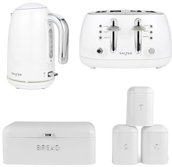 Salter Boston Kettle, Toaster & Canister Set – 1.7L Fast Boil Kettle, Limescale Filter, 4-Slice Wide Slot Toaster, Bread Bin, Tea/Coffee/Sugar Storage Canisters, 3kW/1960W, Ice White Shimmer Finish