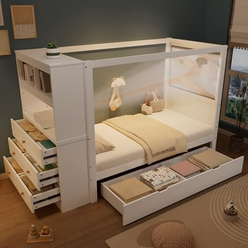 Zravenna Himmelbett Einzelbett 90x200 cm, mit Stauraum, 5 Schubladen & Fallschutz und Gitter,Kiefer+PB, Weiß+Natur,Ohne Matratze.