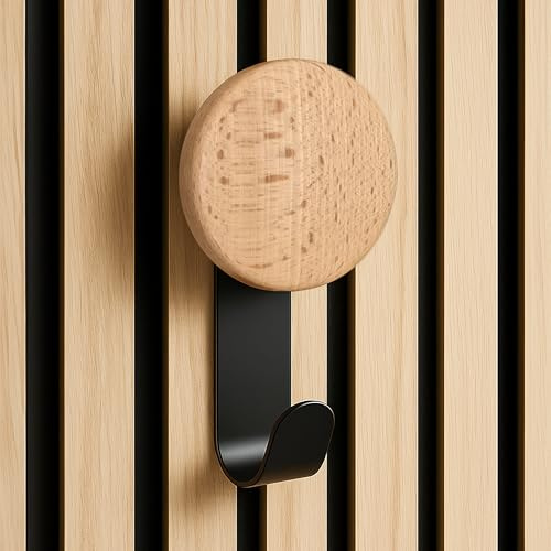 Noblery Home Ganchos para paneles acústicos sin taladrar – Set de 3 – Percheros negros con botón de madera de haya – Colgadores de pared – Ganchos para ropa para panel acústico