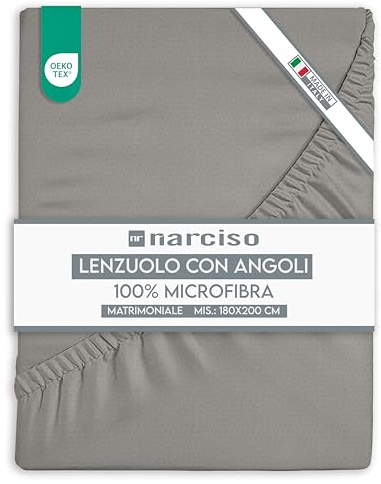 NARCISO Lenzuolo con Angoli Matrimoniale 180x200+25 in Microfibra Tinta Unita Embossed, Lenzuola Sotto con Angoli Matrimoniale Traspirante ed Anallergica, Made in Italy (2P Grigio Chiaro)