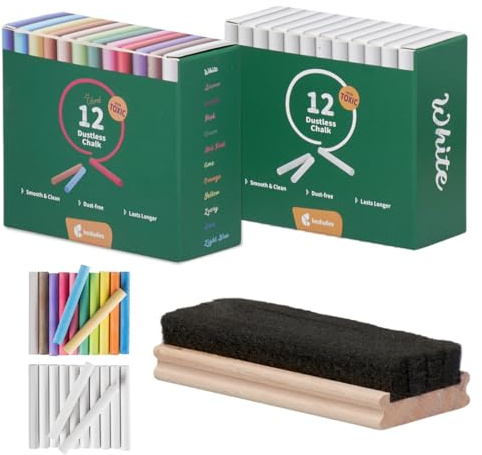 Kedudes Dustless Chalk with Eraser, 24pk - 12 Colored Chalkboard Chalks and 12 White Chalk for Chalkboard and Board Erasers Set - Blackboard Chalks and Eraser with Wooden Handle