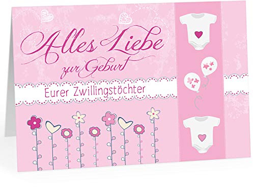 Große XXL Design Geburtskarte zur Geburt/Zwillinge/Klappkarte/mit Umschlag / A4 / 2 Strampler auf Rosa/Mädchen/Baby geboren/Grußkarte zur Gratulation Eltern