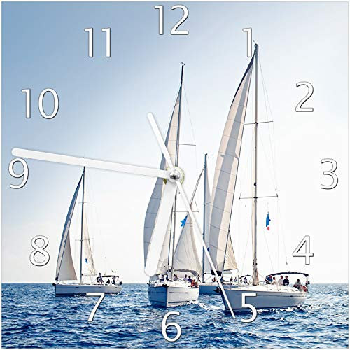 Wallario Design-Wanduhr Segelschiff auf dem Meer aus Glas, Motiv-Uhr Größe 20 x 20 cm, weiße Zeiger
