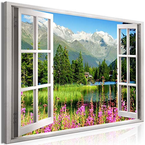 decomonkey Bilder Fensterblick Landschaft 120x80 cm 1 Teilig Leinwandbilder Bild auf Leinwand Vlies Wandbild Kunstdruck Wanddeko Wand Wohnzimmer Wanddekoration Deko Berge Natur