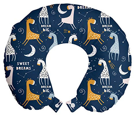 ABAKUHAUS Infantile Cuscino da Viaggio, Giraffe Sogno Big Messaggio, Accessorio in Schiuma di Memoria per Viaggio, 30 cm x 30 cm, Night Blue Orange e Rose