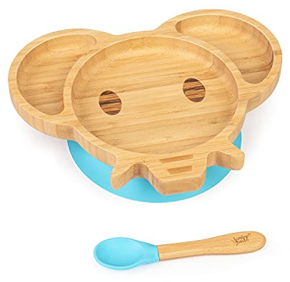 bambuswald© Geschirr Set für Babys & Kleinkinder - Elefant Kindergeschirr Löffel Teller Schüssel - Nachhaltig & Ökologisch | Babyteller Kindergeschirr-Set Frühstücksset Saugnapfplatte Fütterung