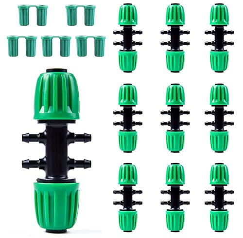 Kalolary Connettore tubo da Giardino Connettori a T con Spinato Irrigazione a Goccia Connettore Tubo a sei vie per 1/2 Pollice a 1/4 di Pollice Tubo per Irrigazione, Verde
