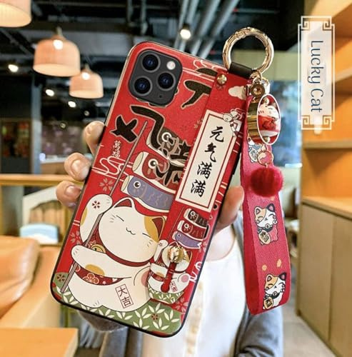 Yvonnecy Compatible with iPhone 11 Case with Phone Lanyard, 6.1 inch Cute Japanese Lucky Cat Design, Glitter Luxury Soft Silicone 3D Emboss Phone Case iPhone 11 with Wrist Strap (iPhone 11, Red)