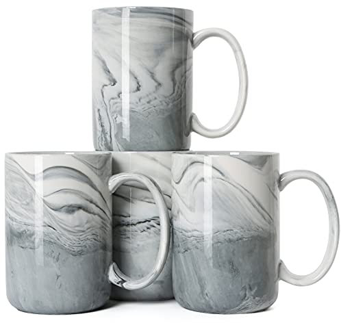 Smilatte 14 Ounce Unique Coffee Mugs, EM068 Novelty Marble Ceramic Cup with Large Handle for Home and Office, Microwave Dishwasher Safe, Set of 4, Gray